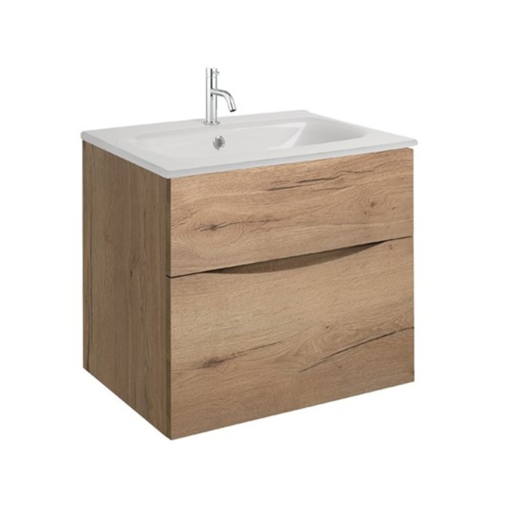 Product Cut out image of the Crosswater Glide II Windsor Oak 600mm Double Drawer Unit with Ice White Basin 1 Tap Hole Basin